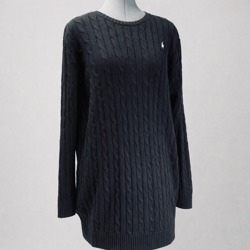 Polo Ralph Lauren Cable Knit Sweater Dress Women's XL Black Cotton Long Sleeve